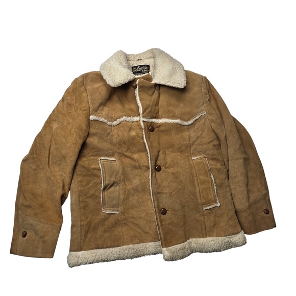 Vintage Sears The Leather Shop Jacket Mens 44 Tan Shearling Lined Suede Coat 70s - Picture 1 of 11